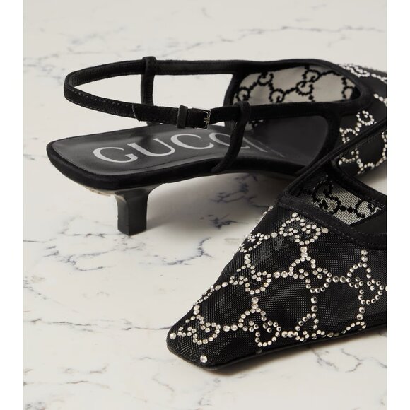 Gucci Crystal-Embellished GG Pointed Toe Slingback Sandals Black 36 (6) - Picture 3 of 16